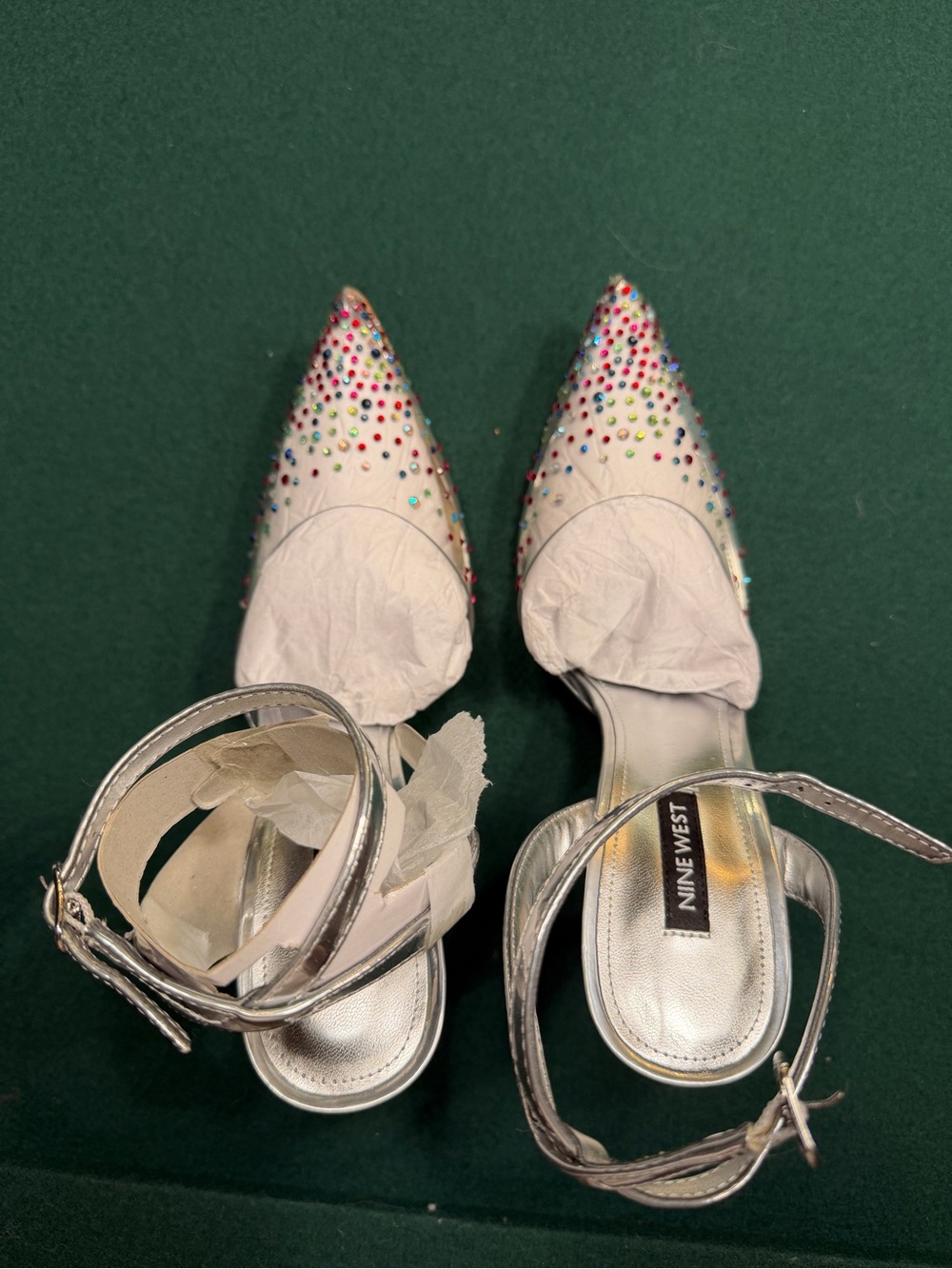 Nine West Silver Pointed Toe Ankle Strap Heels with Multicolor Rhinestones